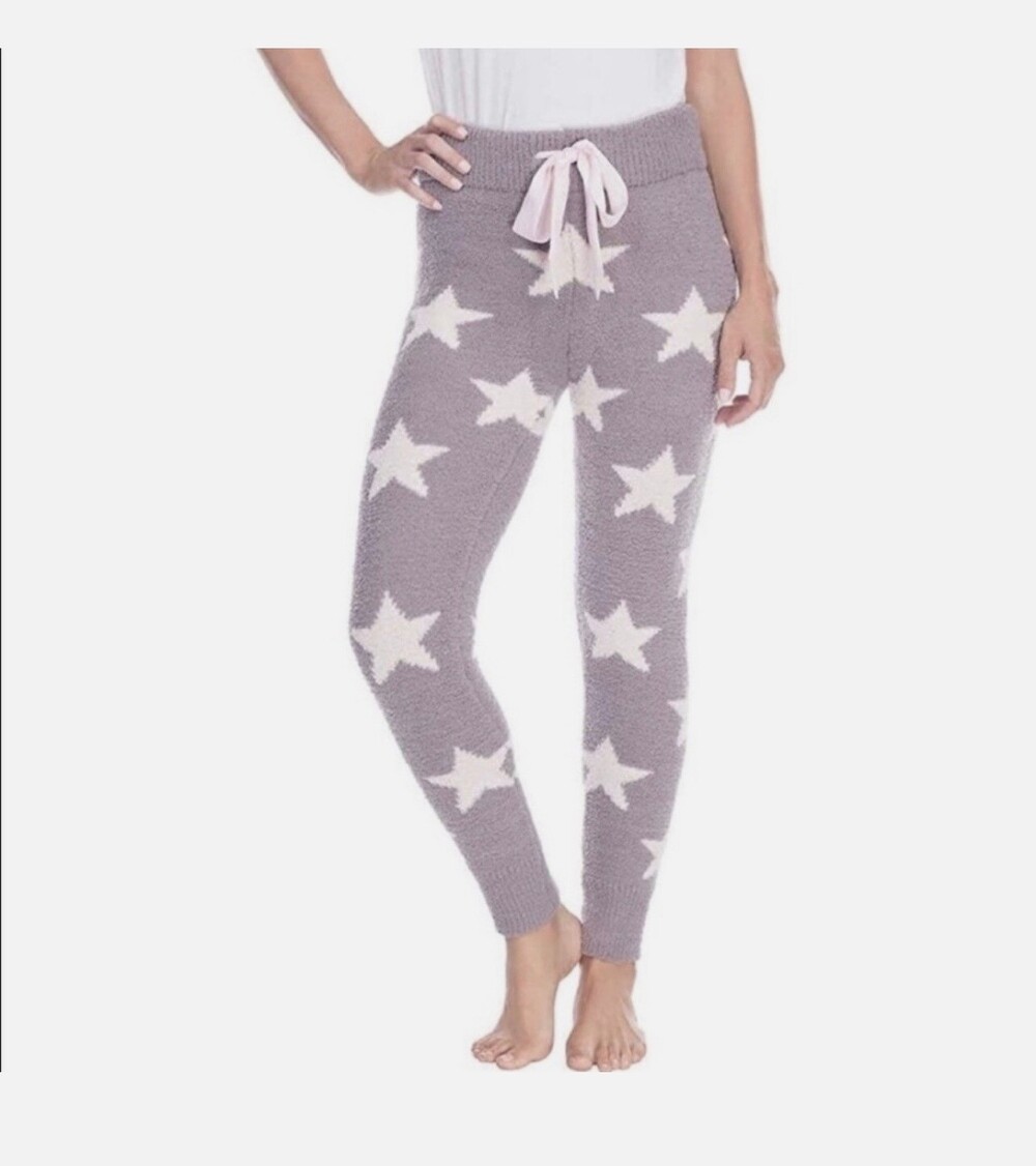 honeydew small grey plush pajama pants white star pattern